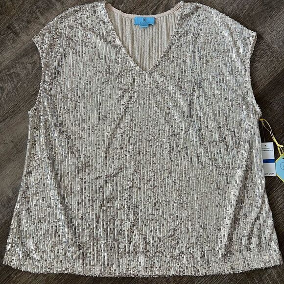 CeCe Sequined V-Neck Cap-Sleeve Silver Blouse-Size XL - Picture 1 of 7